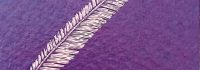 Logotipo de Librería La Pluma, que representa una pluma estilizada de color blanco sobre un fondo morado vibrante con textura.